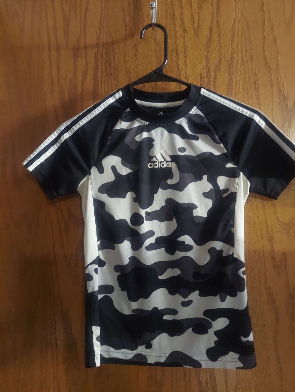 adidas Youth Small Black White Camo Climalite 3-Stripe Short Sleeve Shirt S 8